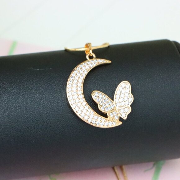 "Moon and Butterfly Rose Gold Pendant with Crystals, XPPT1219 - Picture 2 of 13